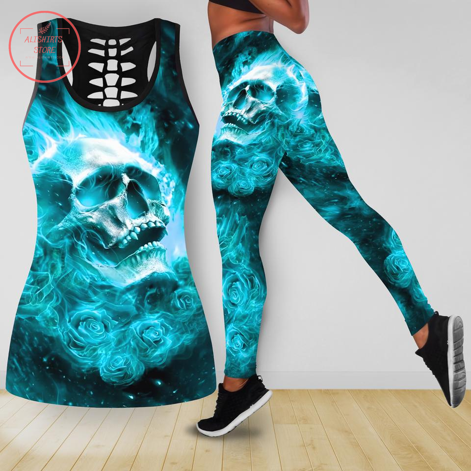 Blue Tank top & leggings with skulls and roses