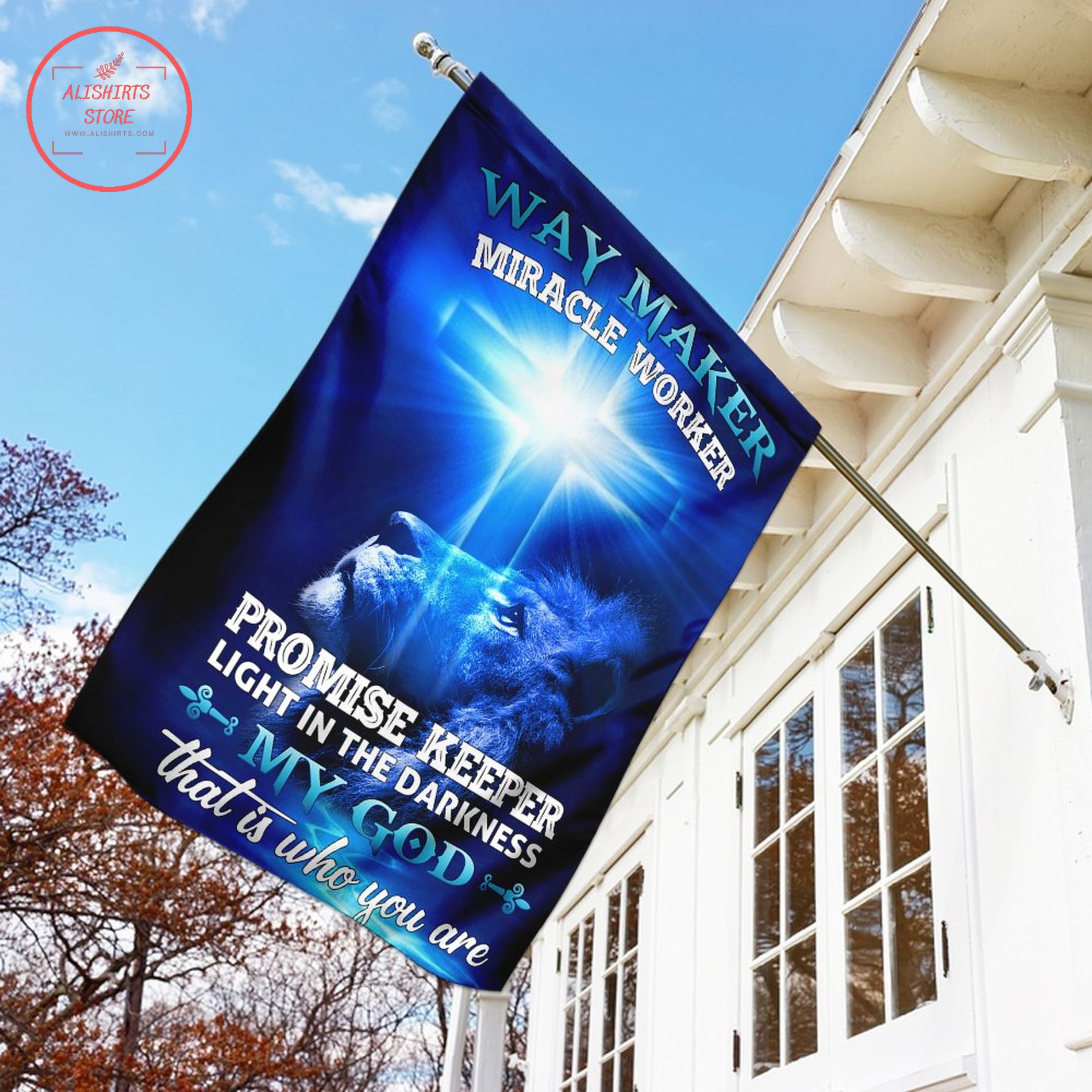 Blue way maker miracle worker promise keeper flag