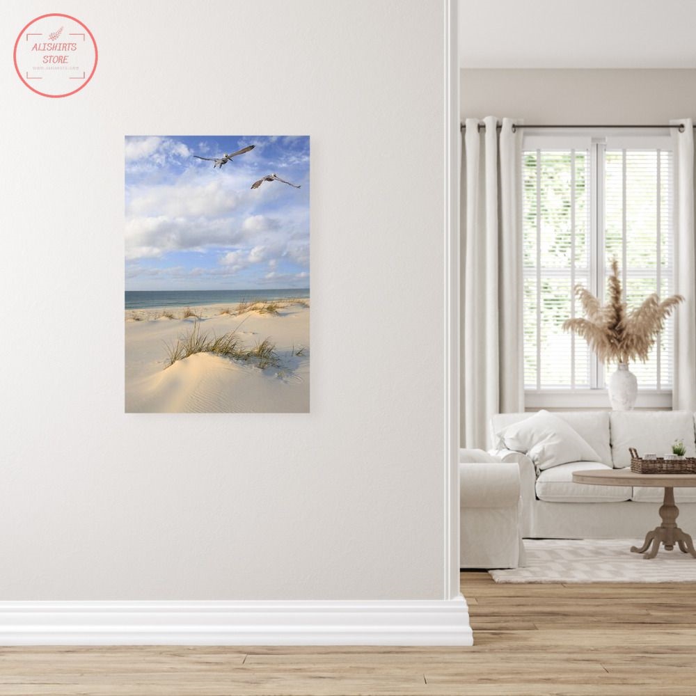 Brown Pelicans Fly Over White Sand Beach Canvas Print