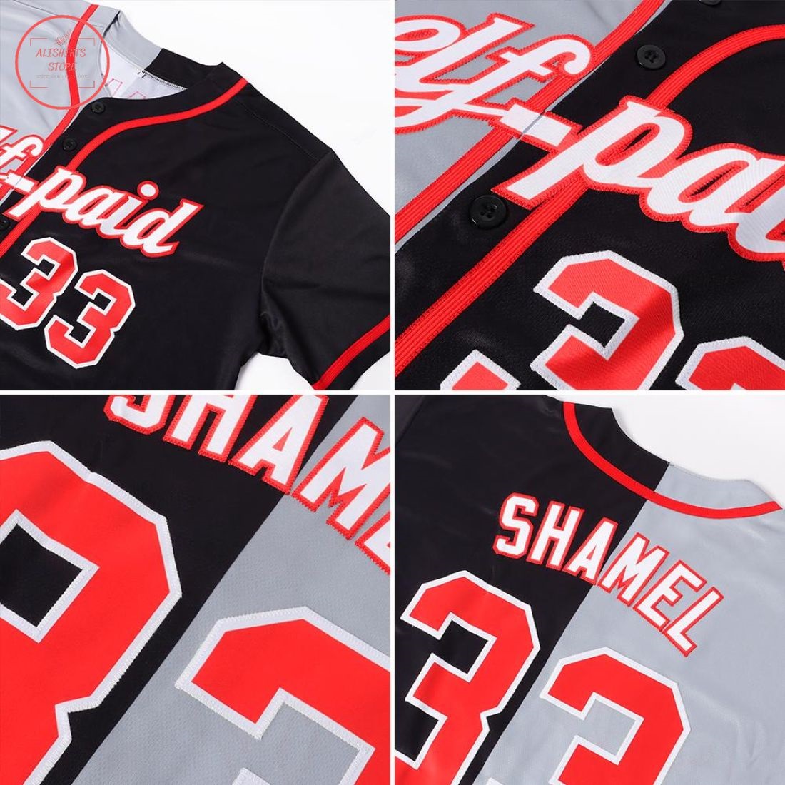 Custom Black Red-Gray Split Baseball Jersey