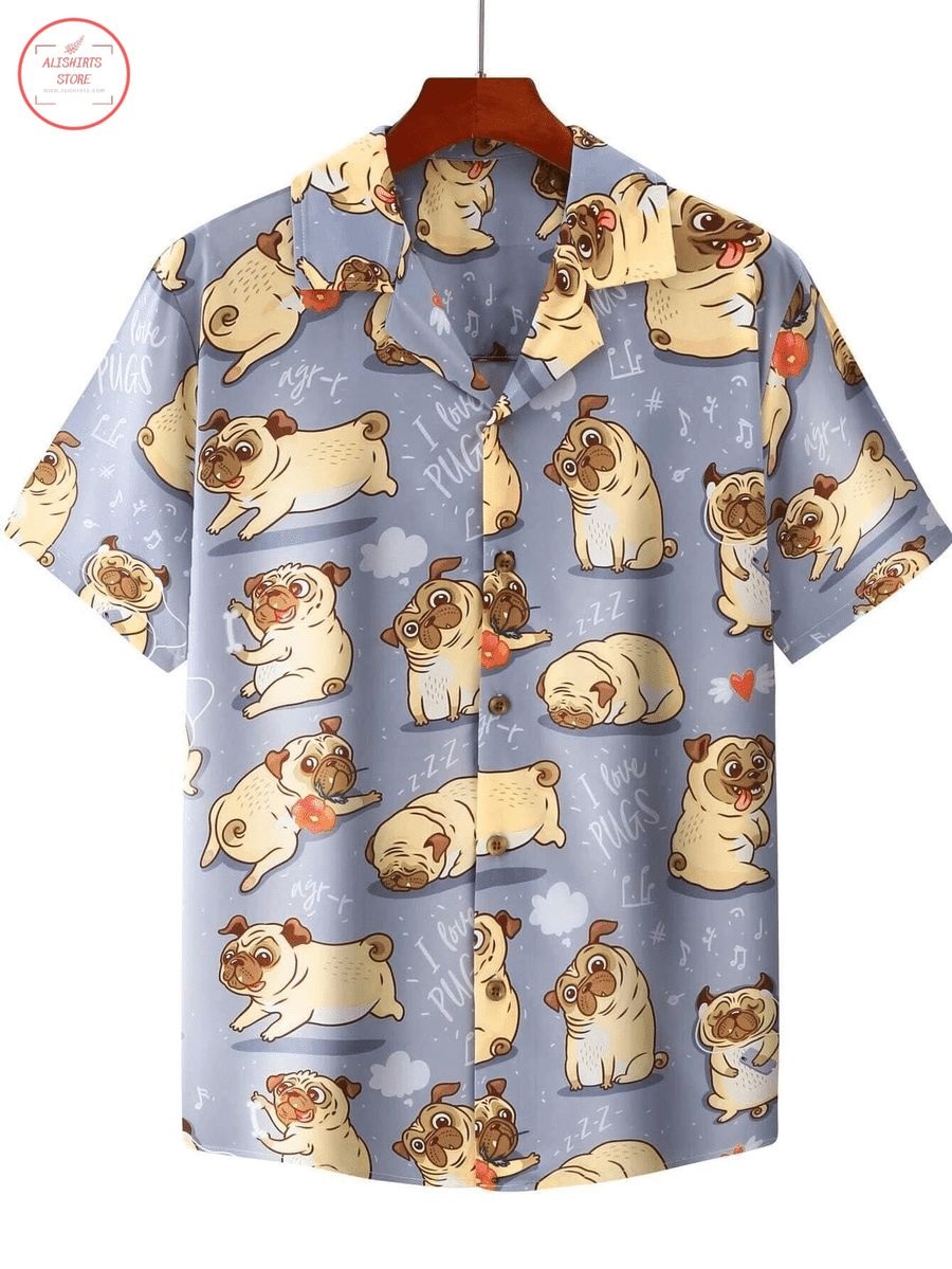 Cute Dogs I Love Pugs Hawaiian Shirt
