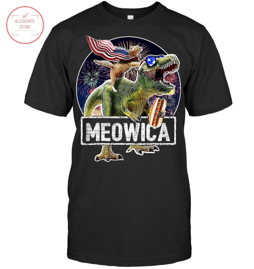 Meowica American Flag Cat T Rex Dinosaur 4th of July Shirt