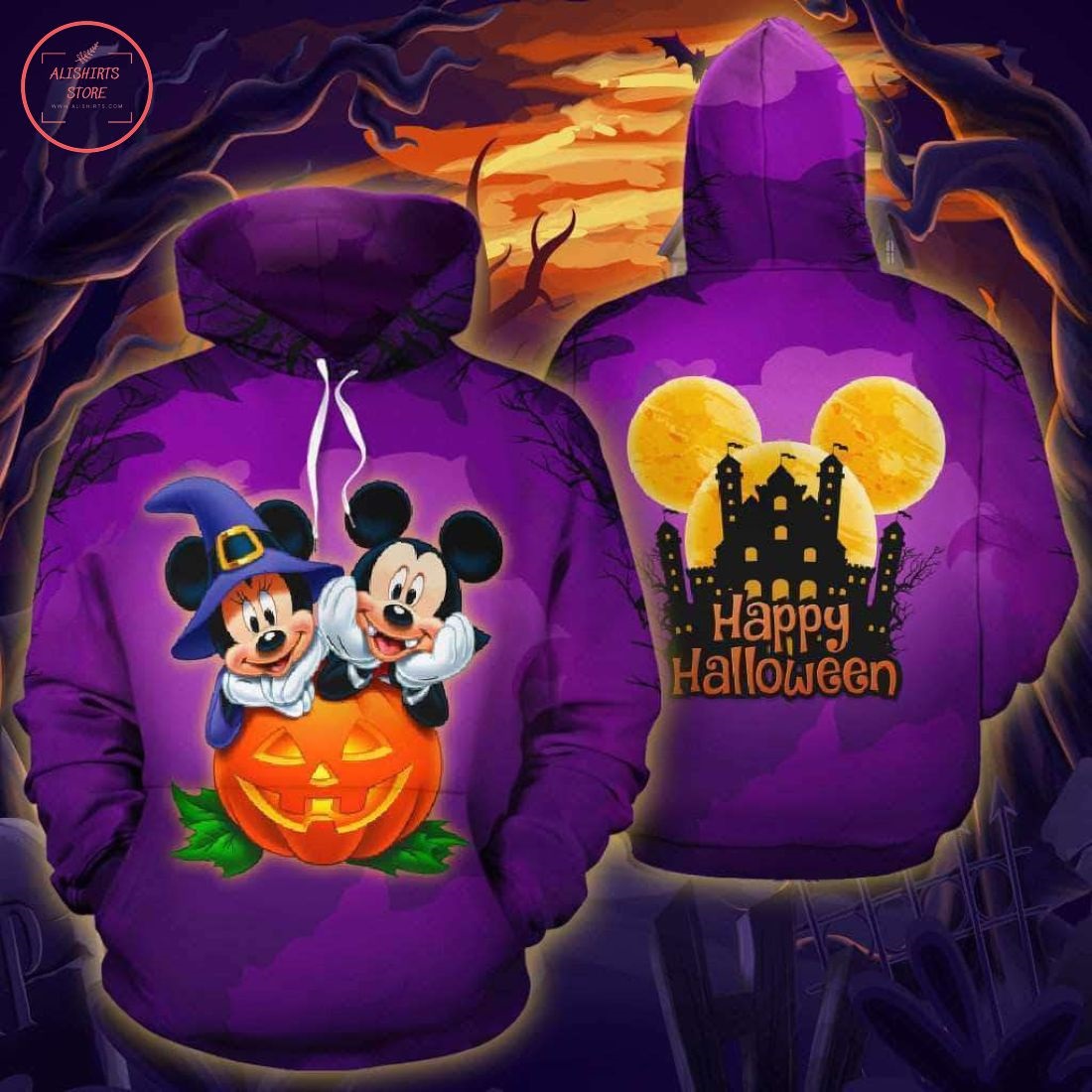 Mickey And Minnie Halloween All Over Printed Hoodie