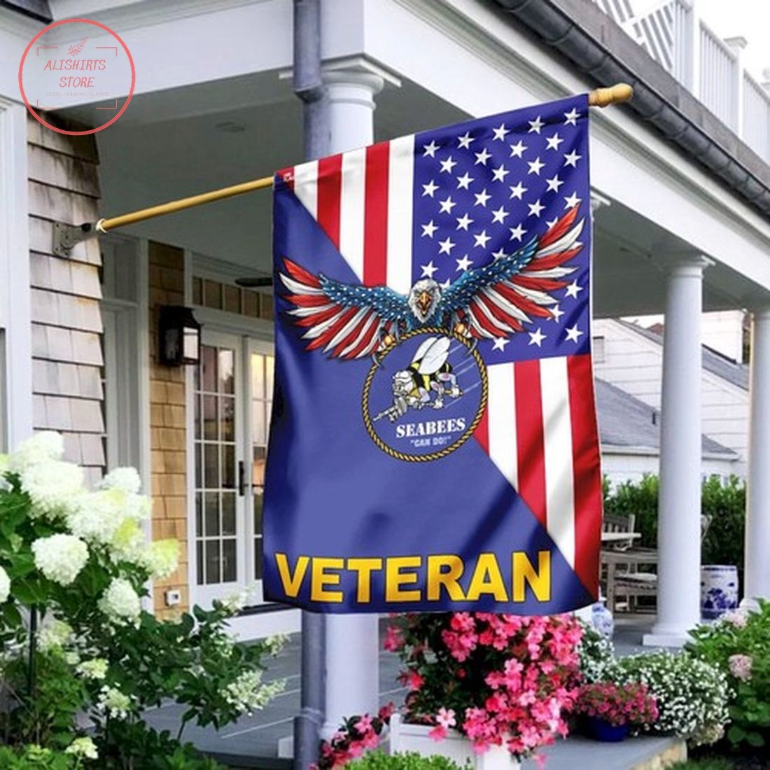 Navy Seabees Veteran American US Flag House Flag