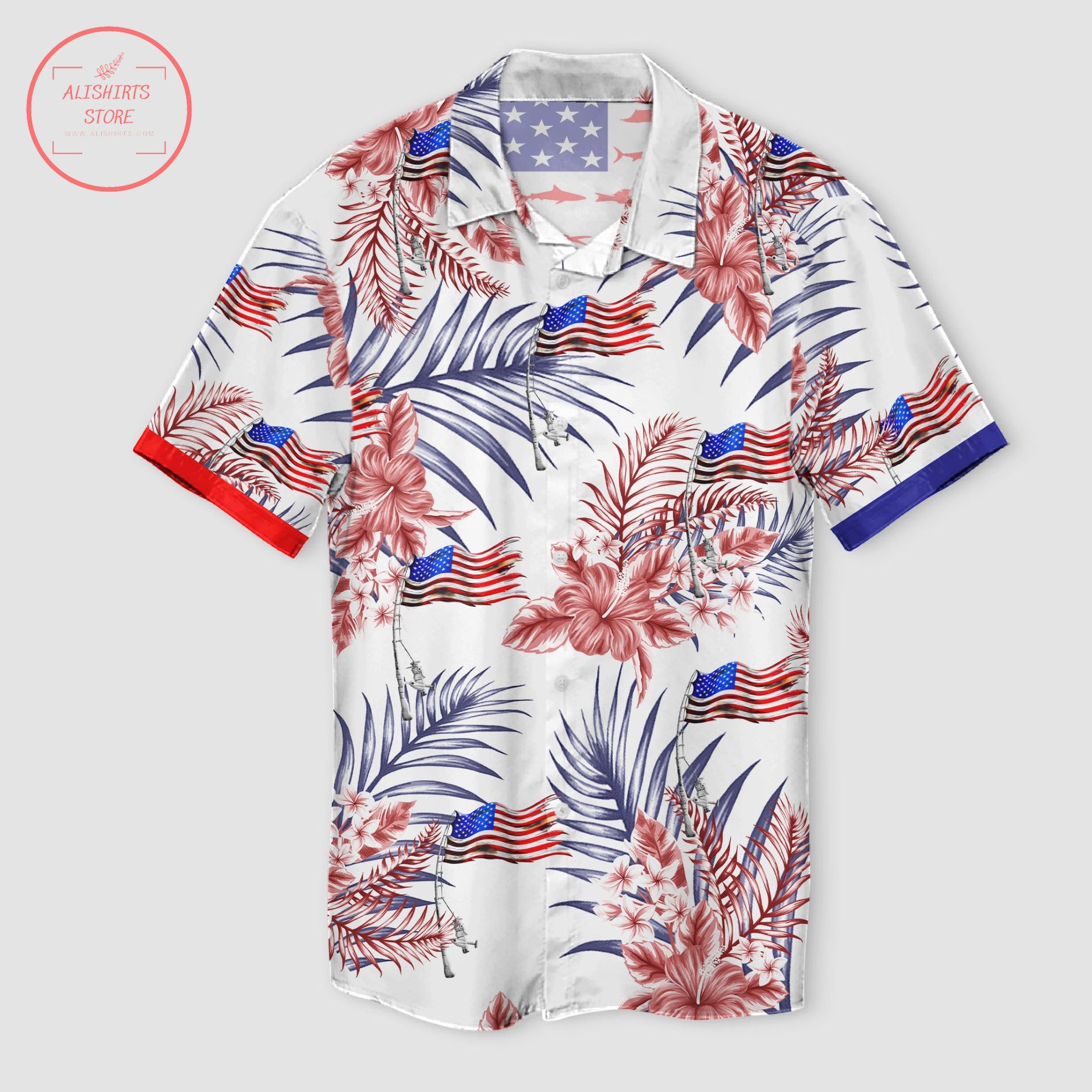 Fishing American Flag Tropical Pattern Hawaii Shirt