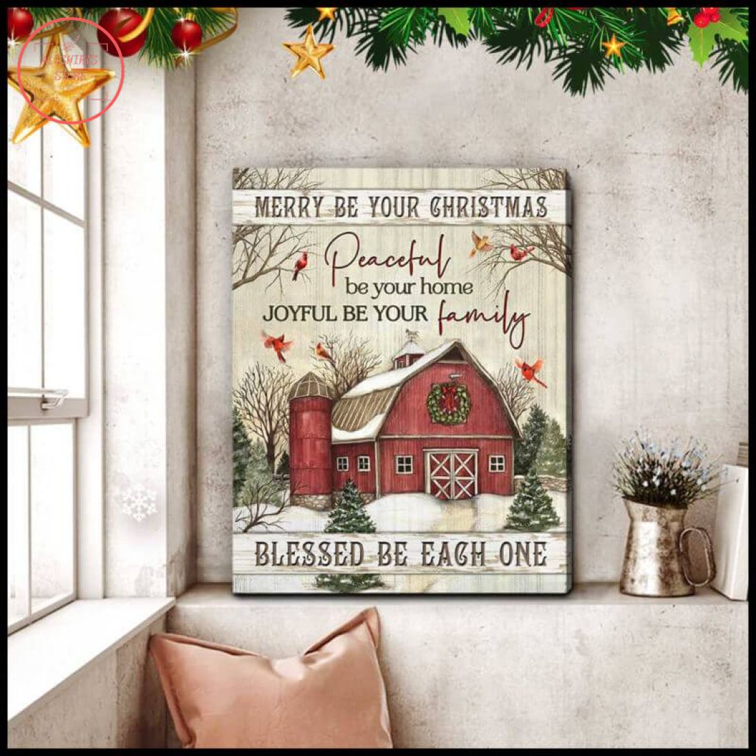 3D Christmas Cardinal And FarmHouse Blessed Be Each One Canvas