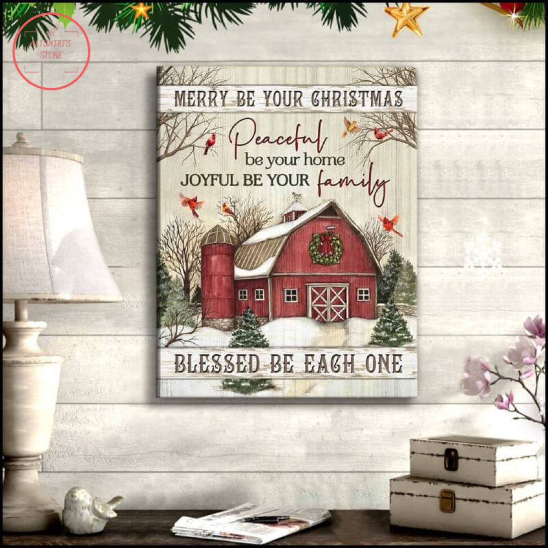 3D Christmas Cardinal And FarmHouse Blessed Be Each One Canvas