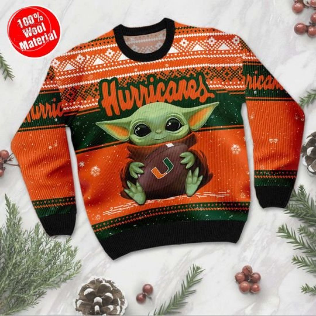 Baby Yoda Miami Hurricanes Ugly Christmas Sweater