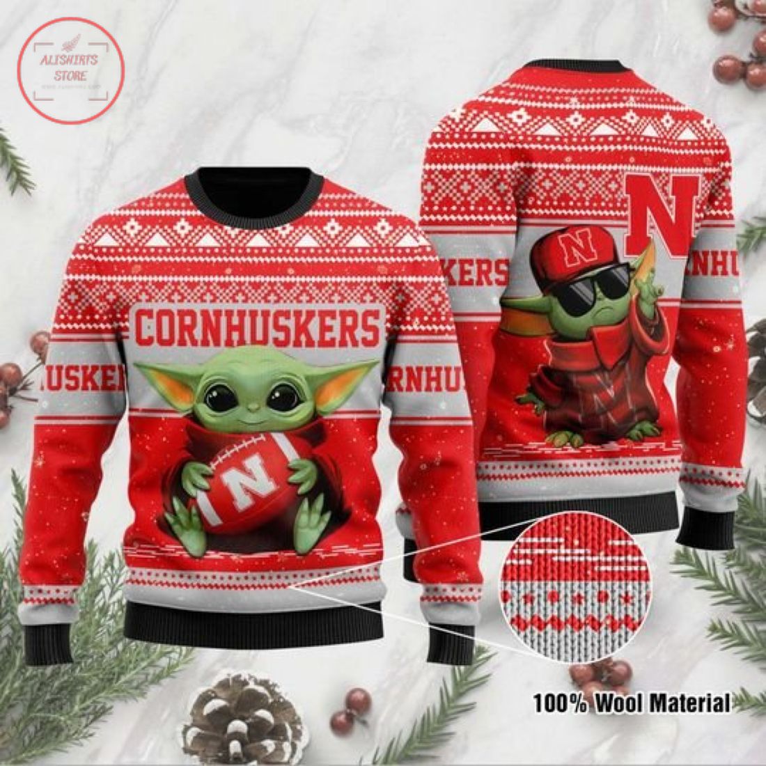 Baby Yoda Nebraska Cornhuskers Ugly Christmas Sweater