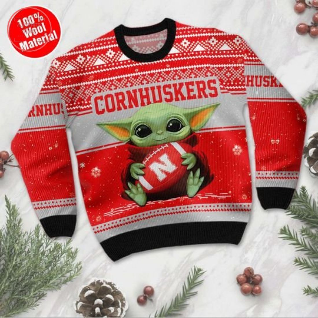 Baby Yoda Nebraska Cornhuskers Ugly Christmas Sweater