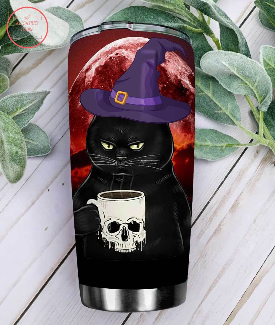 Black Cat Drinks Coffee Halloween Tumbler