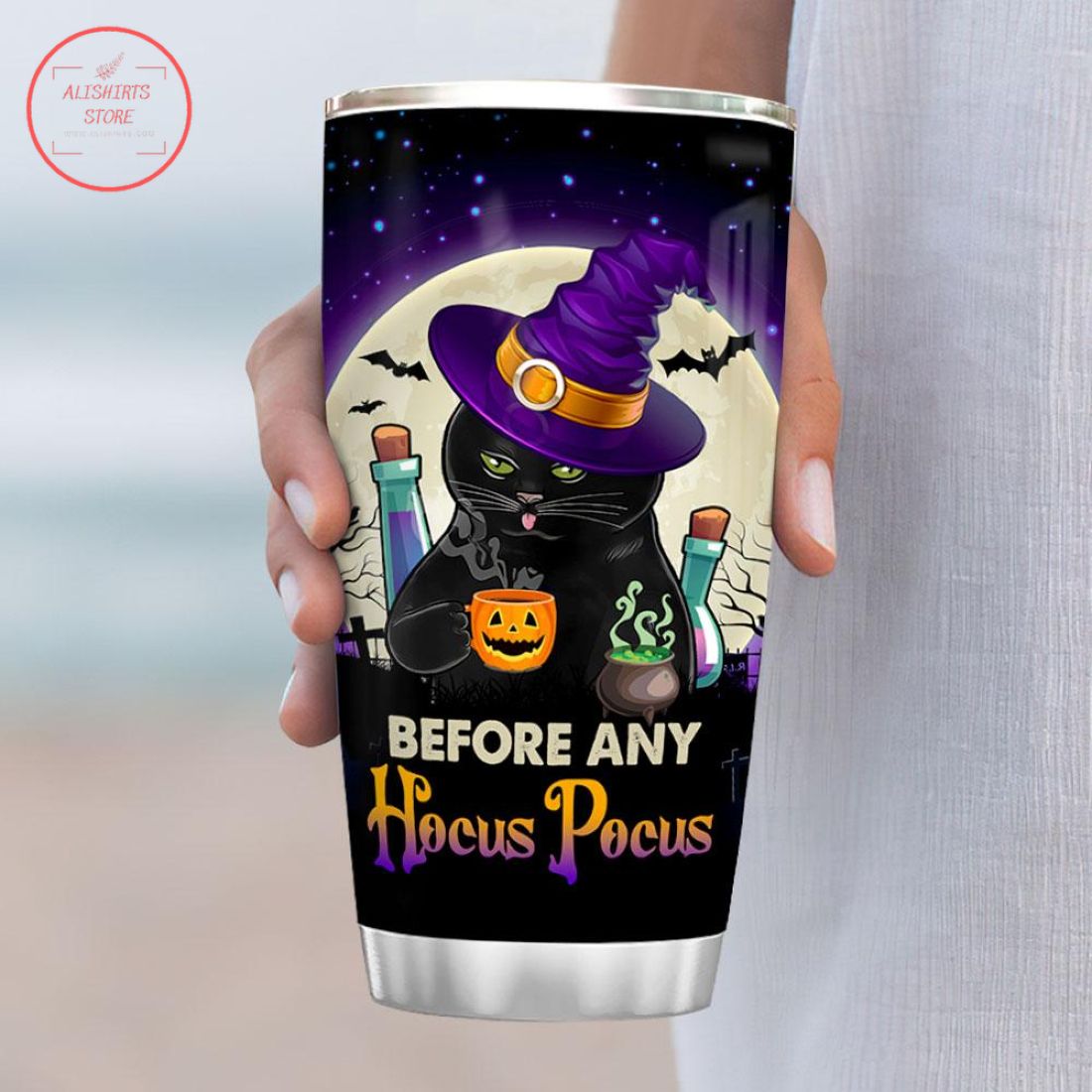 Cat Witch Need Coffee Halloween Stainless Steel Tumbler