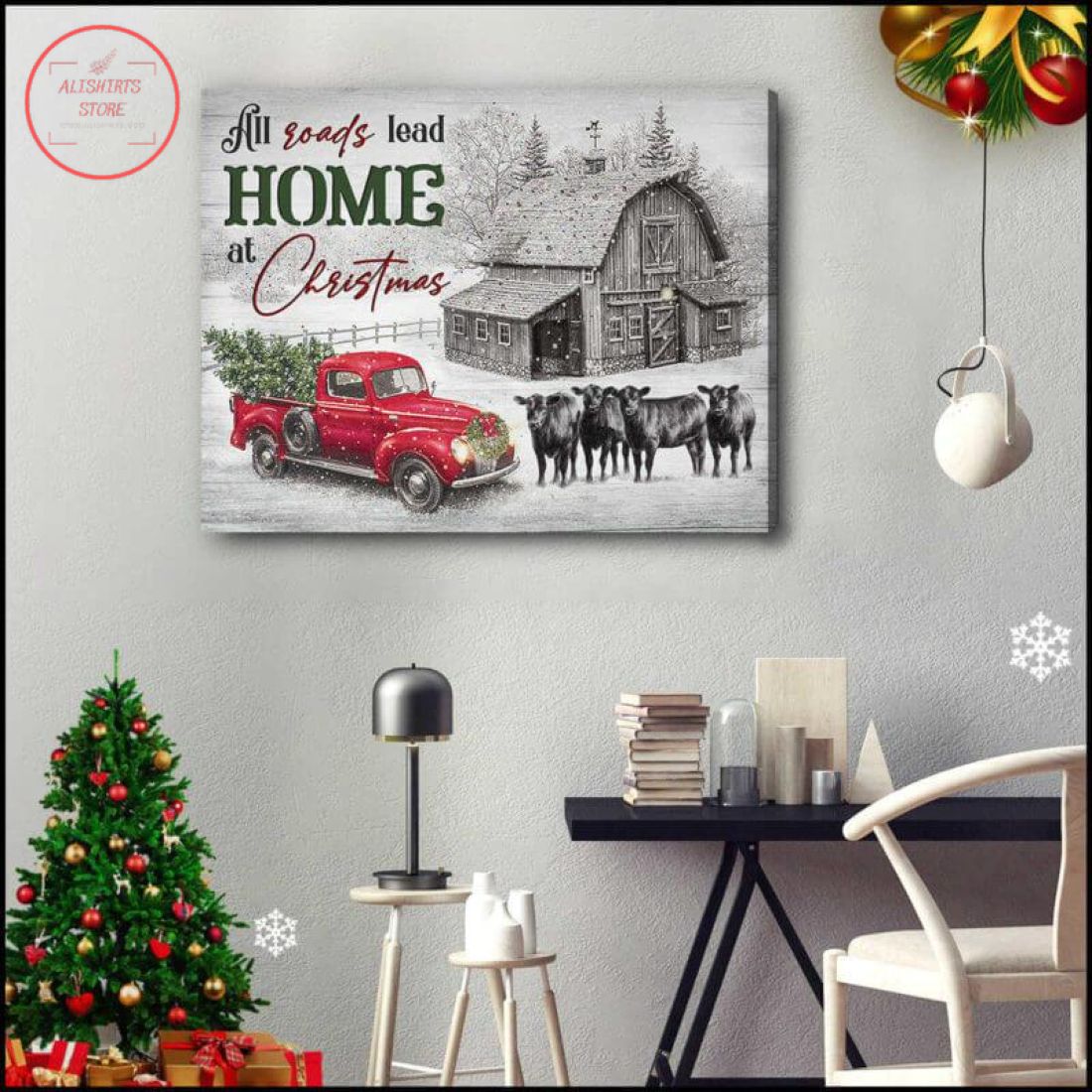Christmas Farmhouse & Cows All Roads Lead Home Canvas
