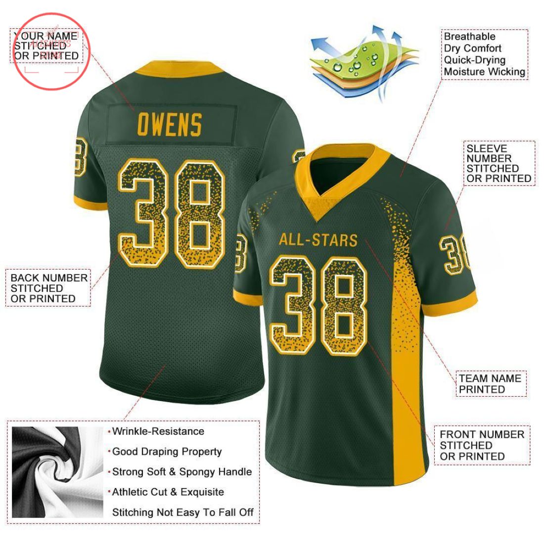 Custom Green Gold White Mesh Drift Football Jersey