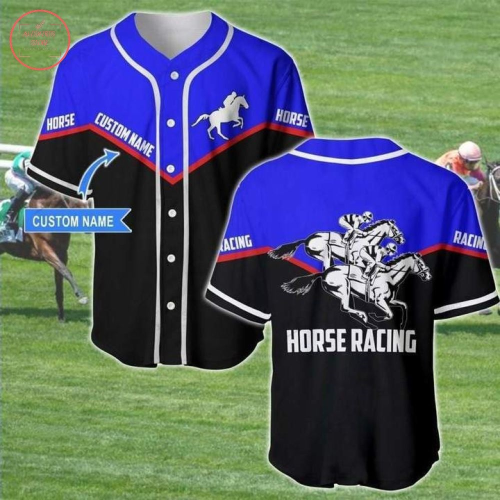 Custom Horse Racing Black And Blue Baseball Jersey