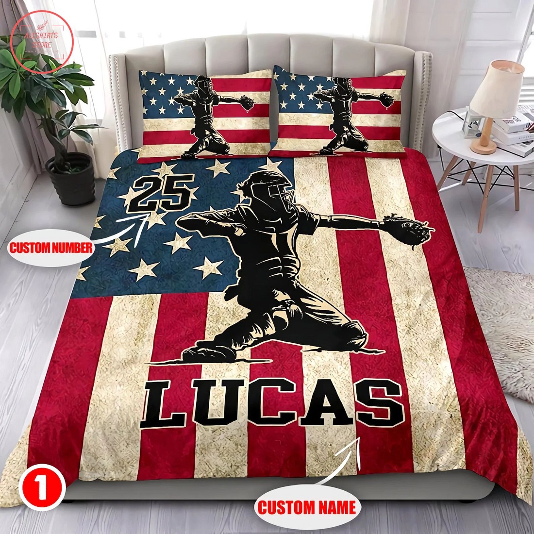 Custom Name America Flag Baseball Sports Quilt Bedding Sets