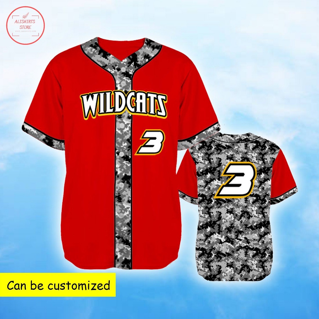 Custom Wildcats Grey Camo Red Baseball Jersey