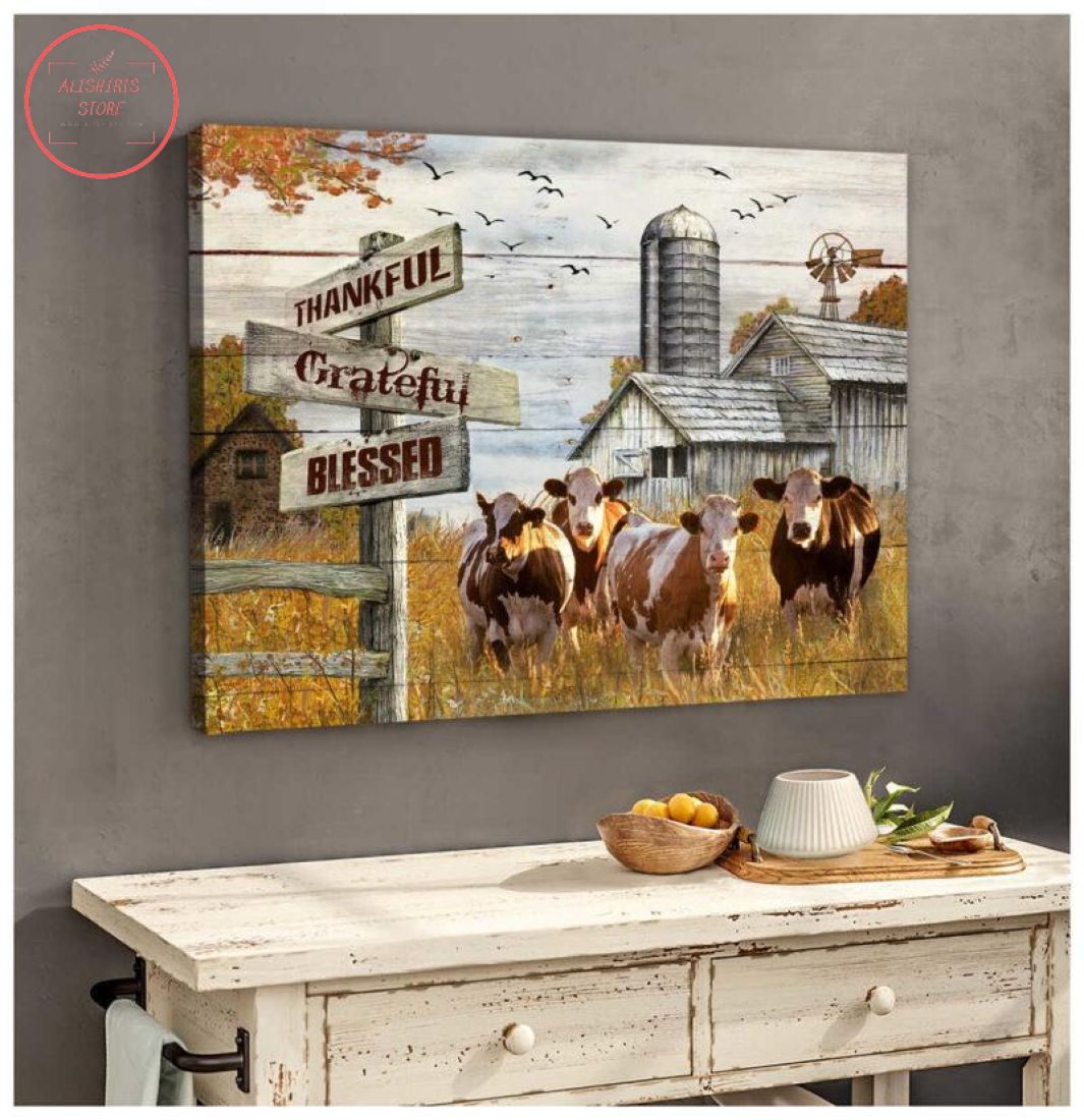 Farmhouse Hereford Cows Thankful Grateful Blessed Christmas Canvas
