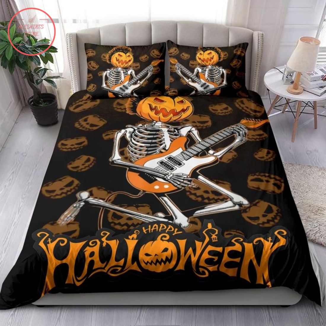 Guitar Skeleton With Pumpkin Head Halloween Blanket