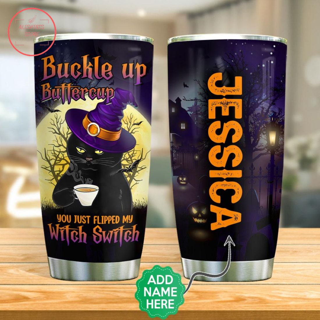 Personalized Black Cat Drinks Coffee Halloween Tumbler