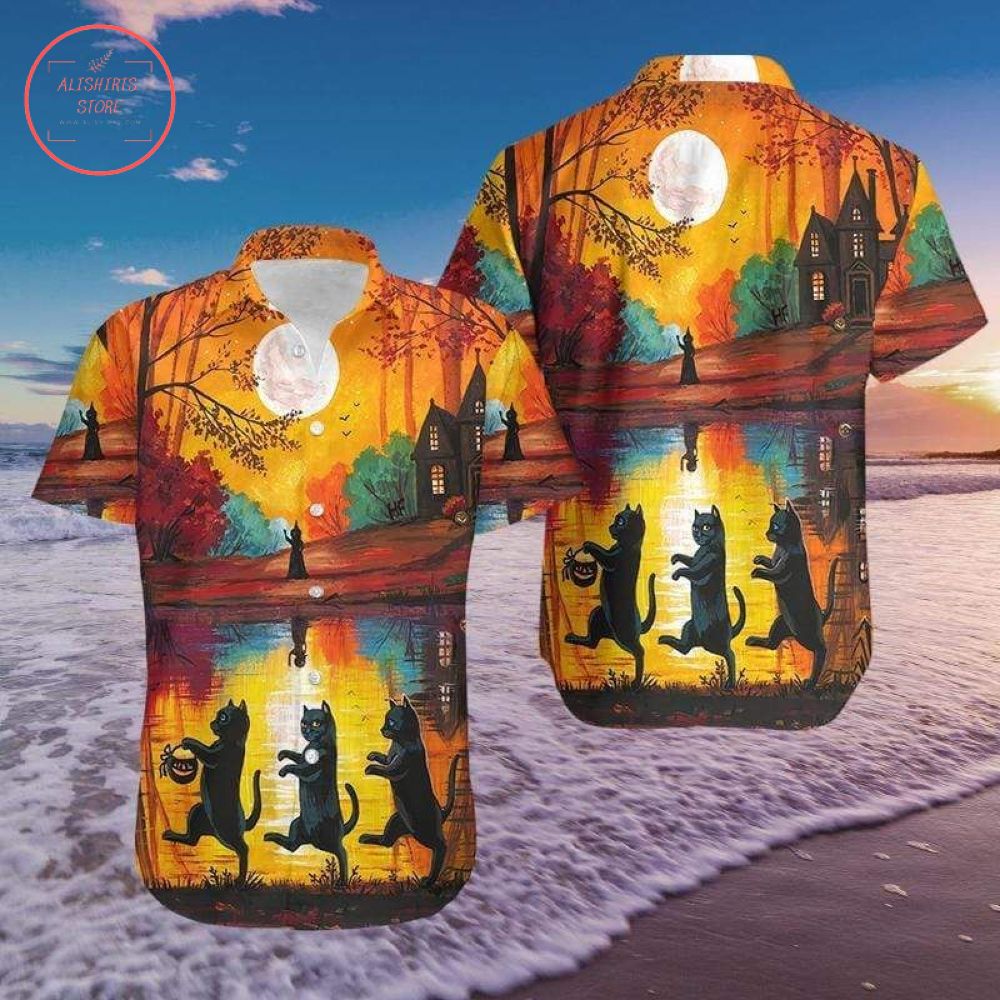 Walking Cat 3D Halloween Hawaiian Shirts