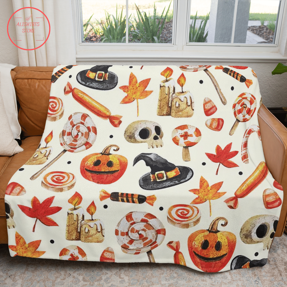 Witch Hat with Candy Skull Halloween Blanket