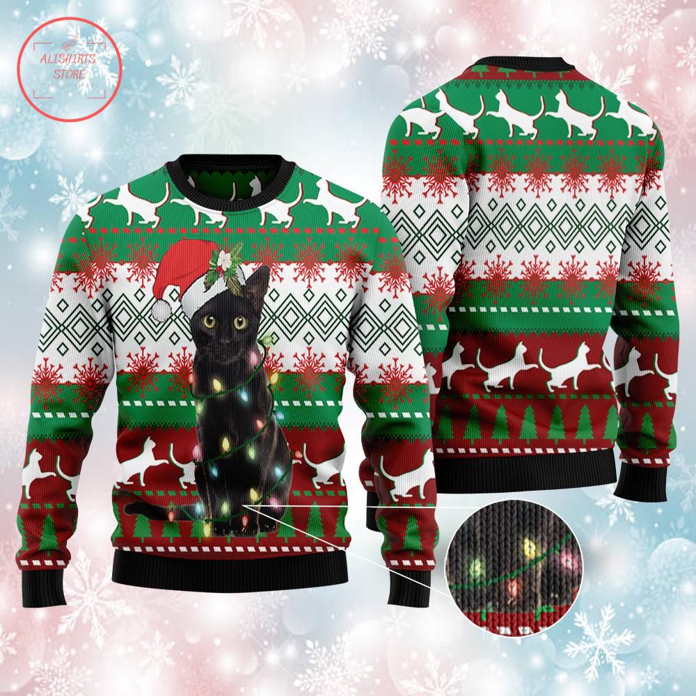 Black Cat Light Ugly Sweater