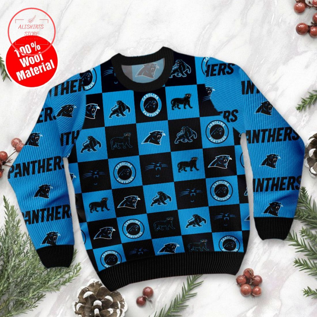Carolina Panther logo checkered flannel ugly Christmas sweater