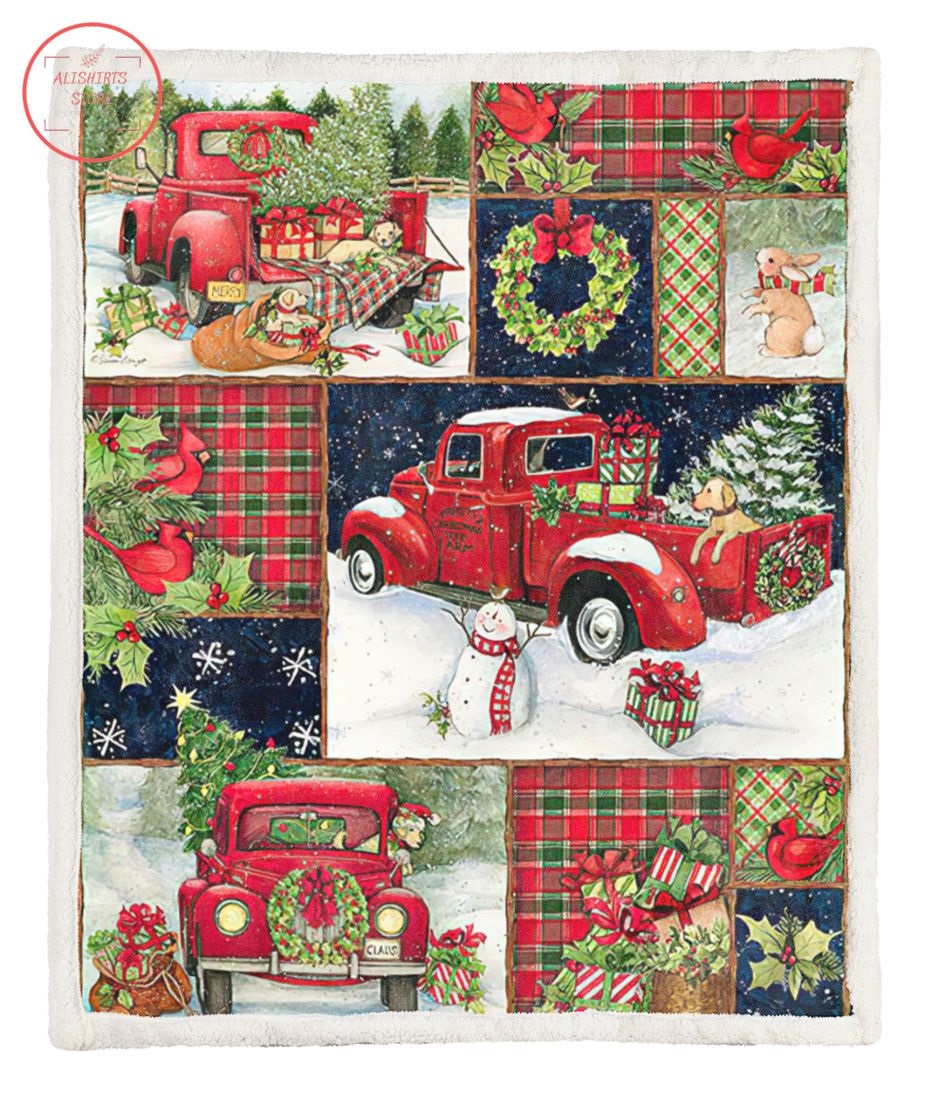 Christmas Red Truck And Snowman Fleece Blanket