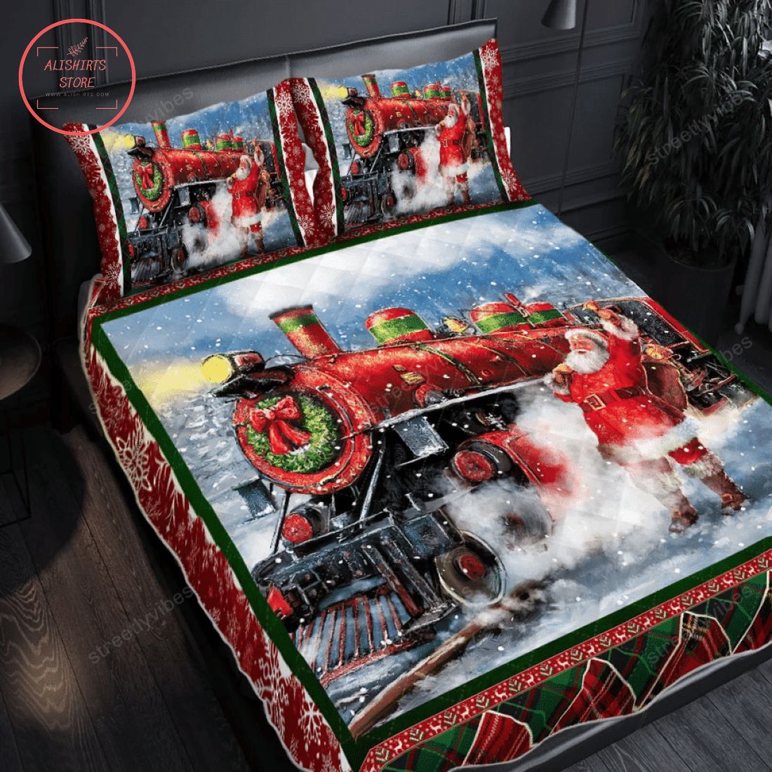 Christmas Train With Santa Claus Quilt Bed Set