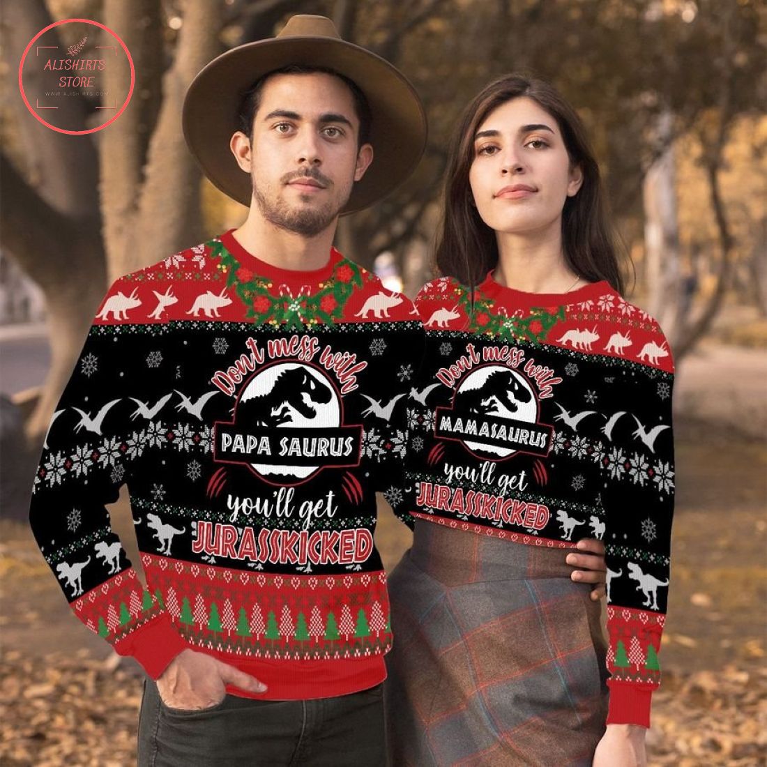 Don't Mess With Mamasaurus & Papasaurus Ugly Christmas Sweater