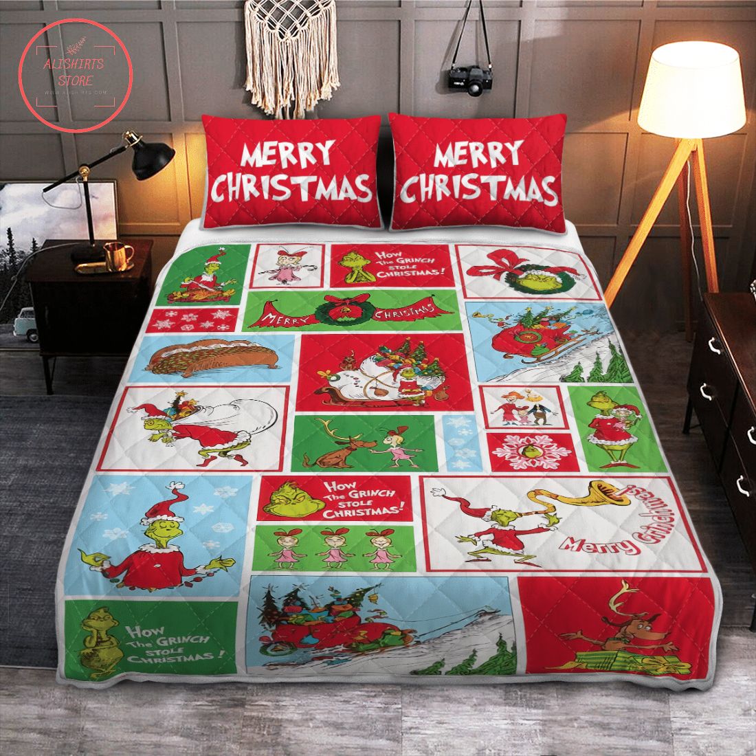 Grinch Merry Christmas Quilt Bedding Set