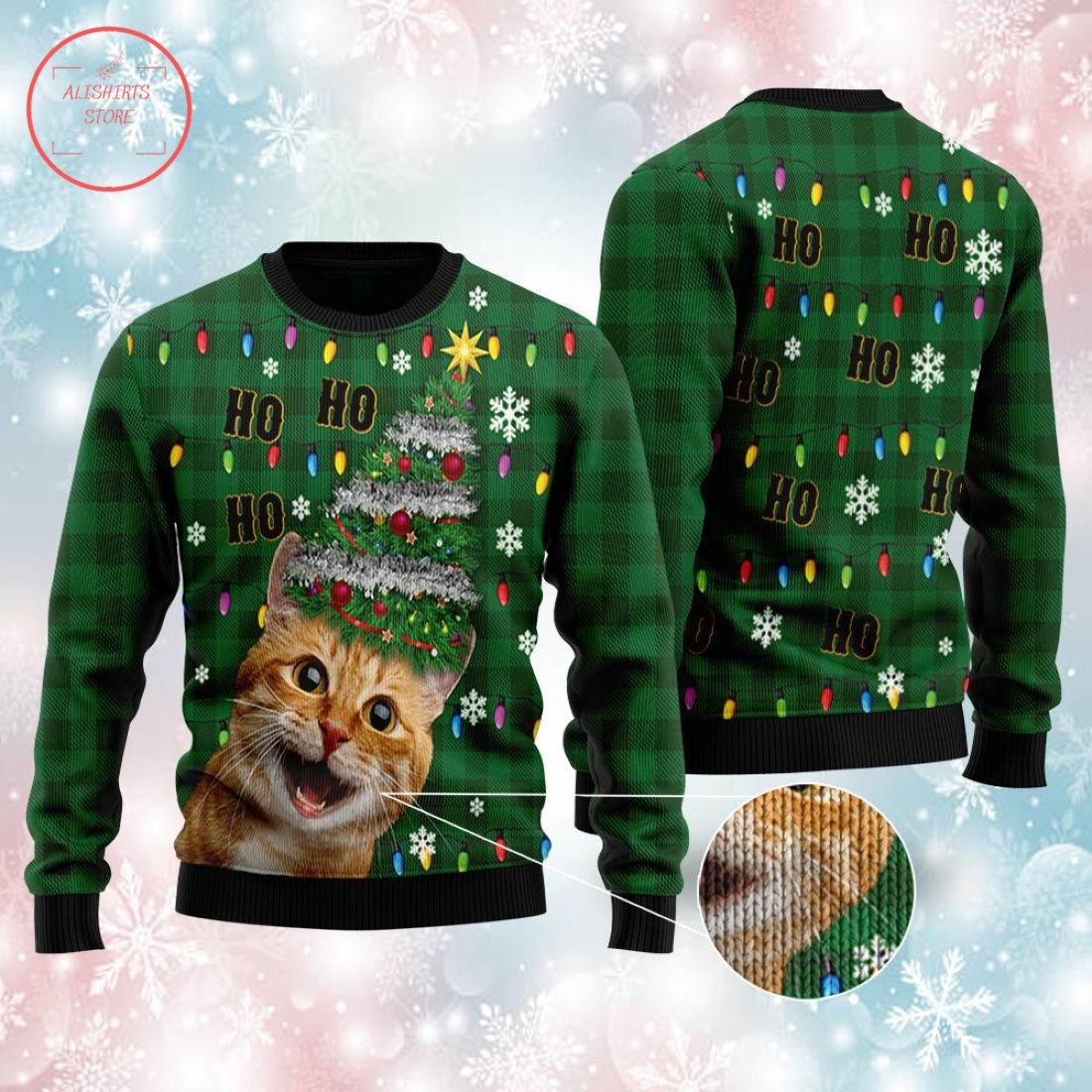 Ho Ho Ho Cat Pine Tree Ugly Christmas Sweater