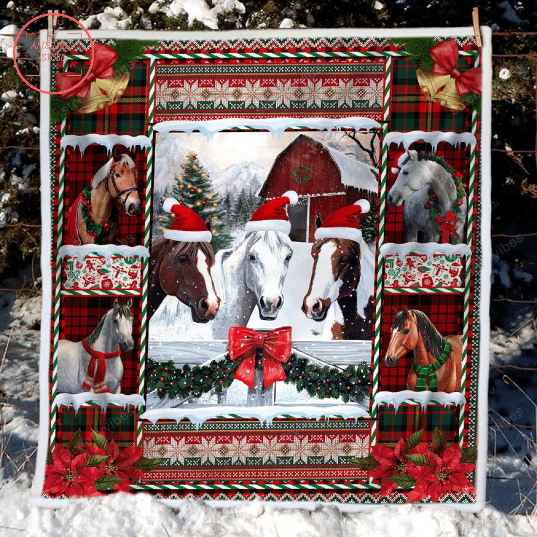 Horse Merry Christmas Barn House Fleece Blanket