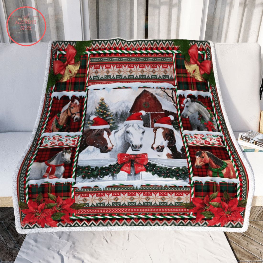 Horse Merry Christmas Barn House Fleece Blanket