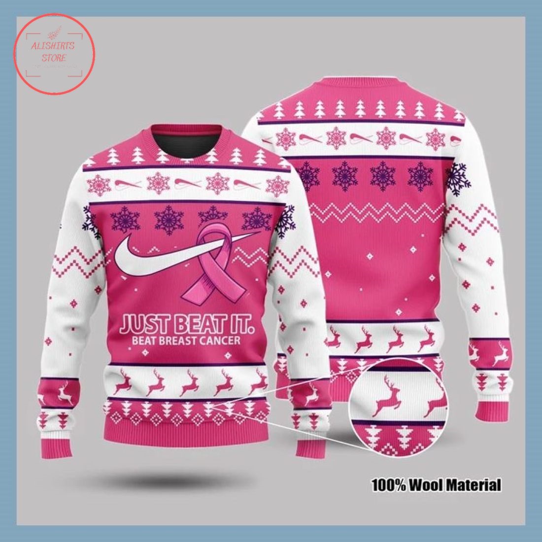 Just Beat It Beat Breast Cancer Ugly Christmas Sweater