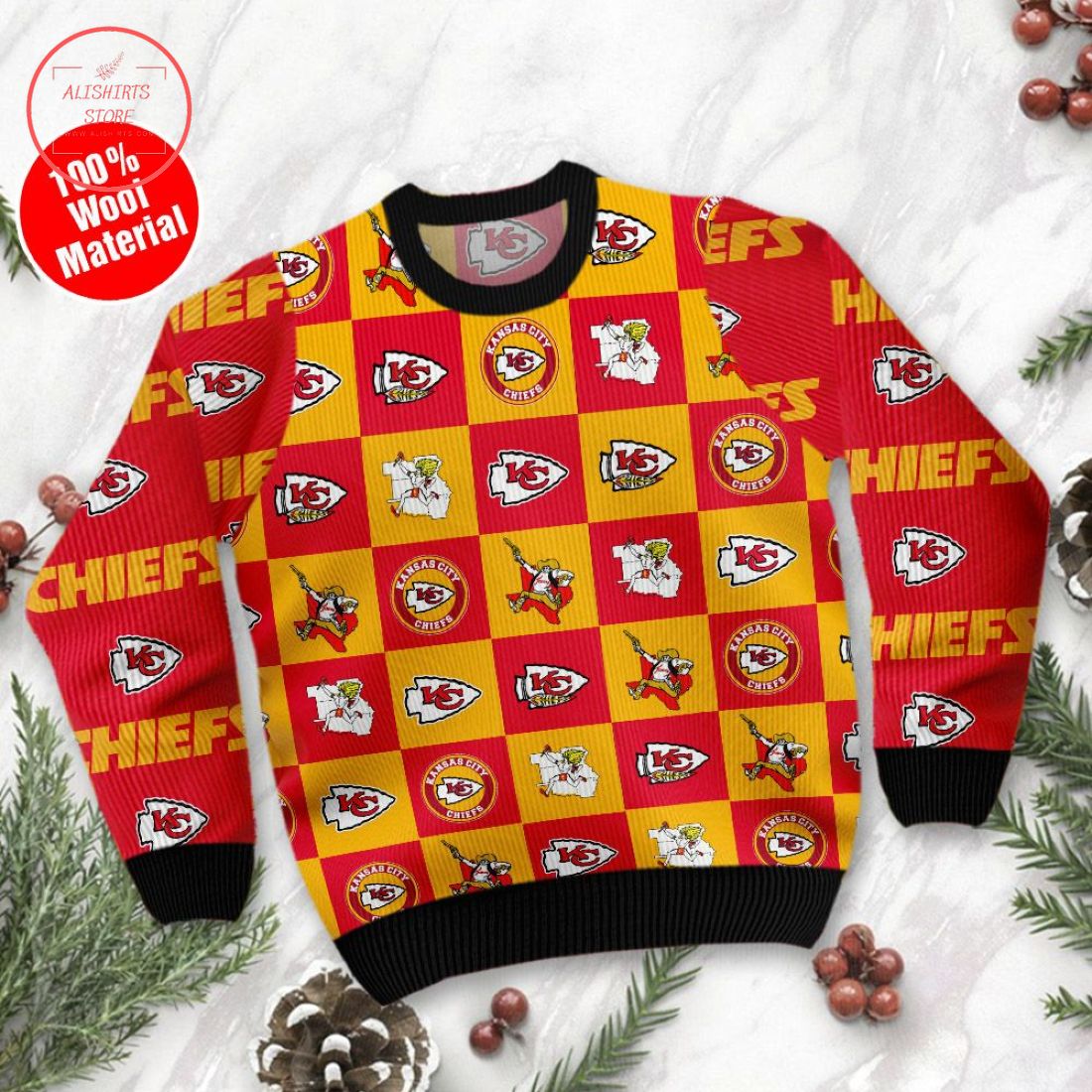 Kansas City Chiefs Logo Checkered Flannel Ugly Christmas Sweater