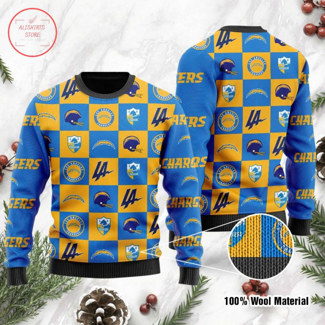 Los Angeles Chargers Logo Checkered Flannel Design Ugly Christmas Sweater