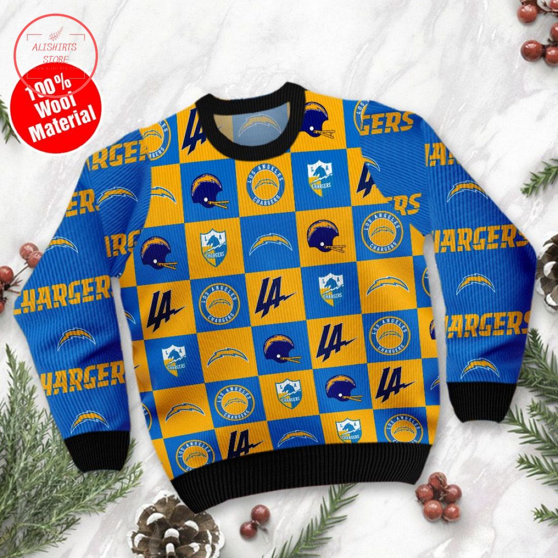 Los Angeles Chargers Logo Checkered Flannel Design Ugly Christmas Sweater