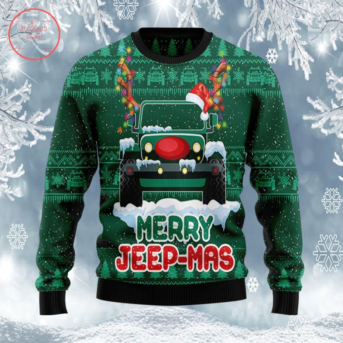 Merry Jeepmas Green Jeep Ugly Christmas Sweater