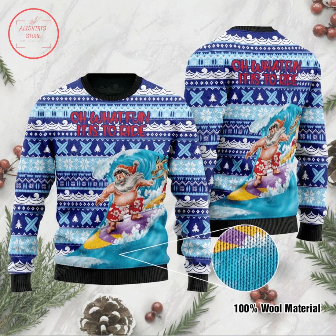 Oh What Fun It Is to Ride a Wave With Santa Claus Ugly Sweater