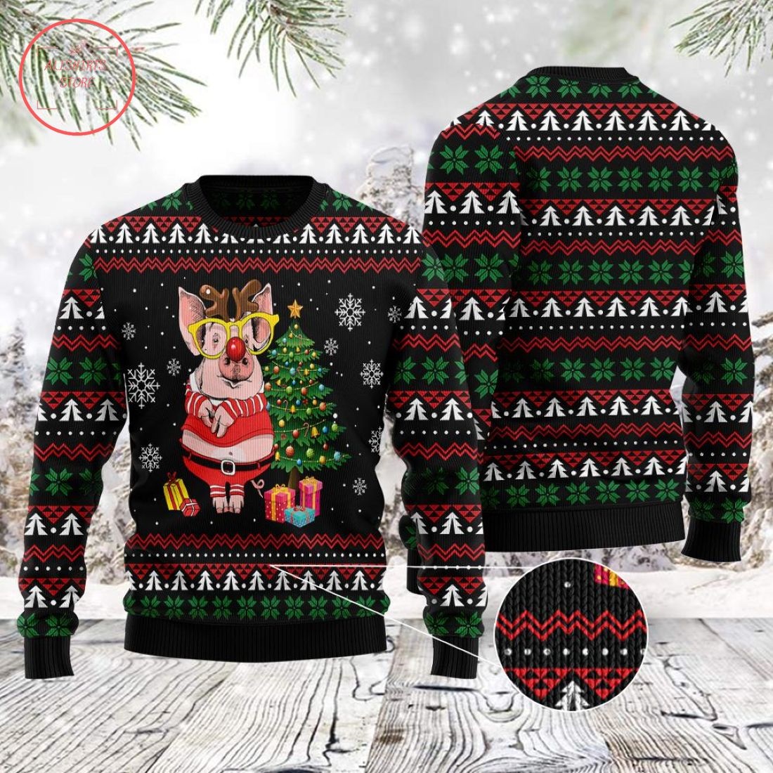 Pig Gorgeous Reindeer Pine Tree Ugly Christmas Sweater