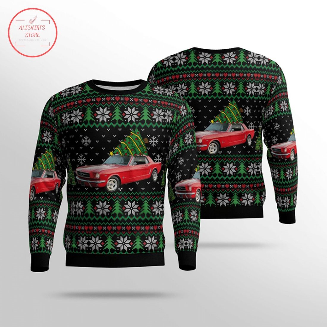 Red Ford Mustang 1965 Ugly Christmas Sweater