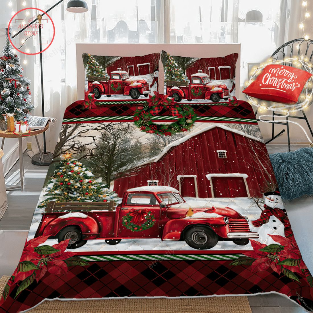 Red Truck Christmas Quilt Bed Set
