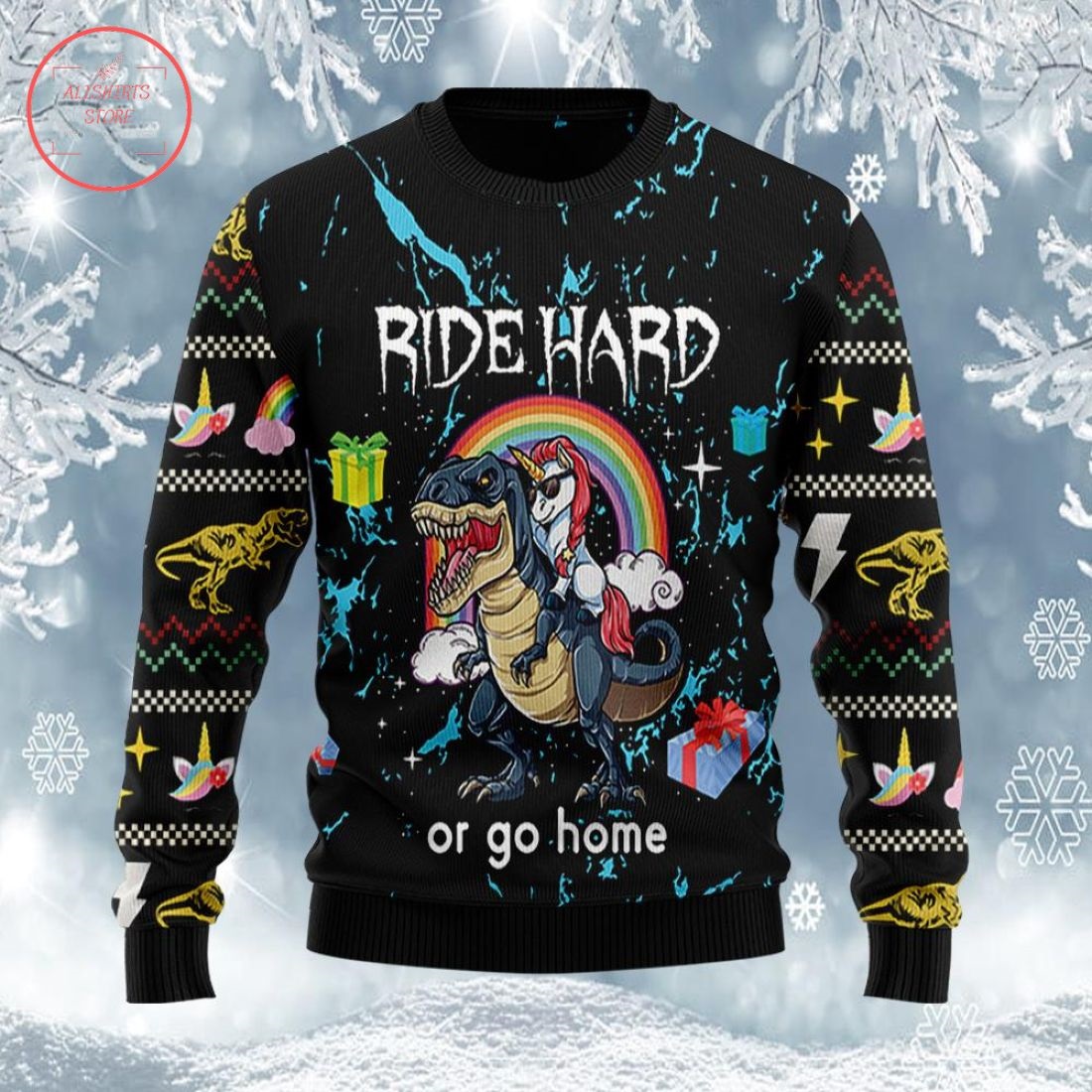 Ride Hard Or Go Home Trex Unicorn Ugly Christmas Sweater