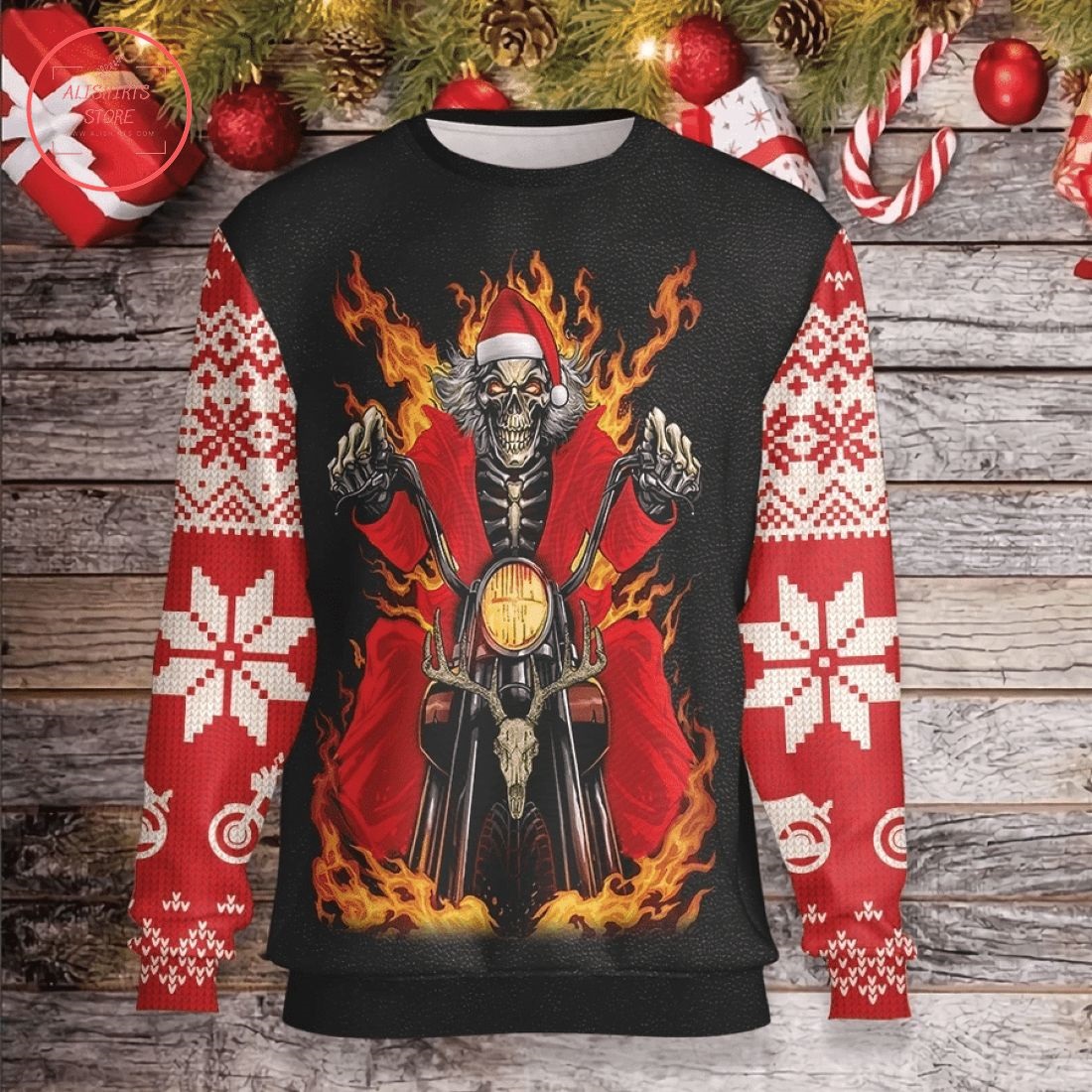 Santa Skeleton Driving Ugly Christmas Sweater
