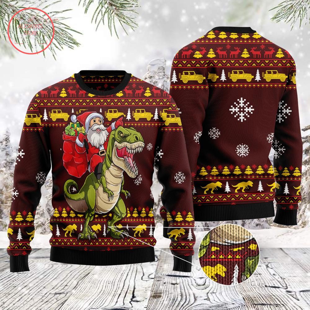 Santa on T-rex Christmas Ugly Sweater