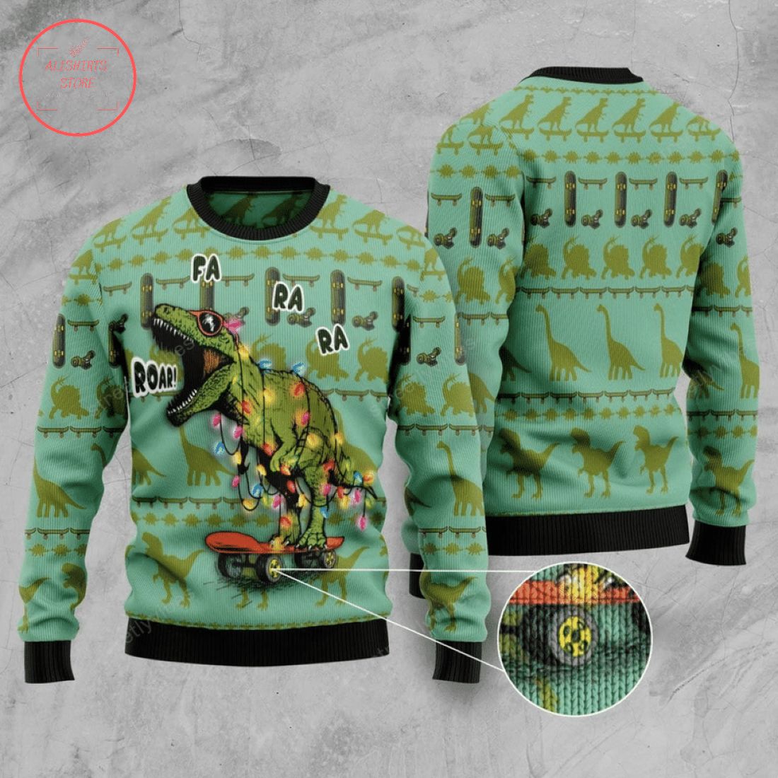 Skateboard Dinosaur Ugly Christmas Sweater