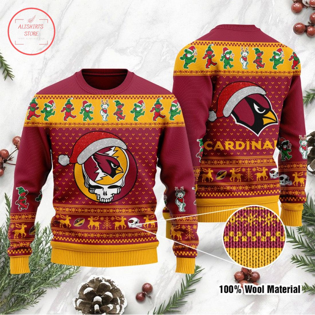 Arizona Cardinals Grateful Dead Skull and Bears Ugly Christmas Sweater
