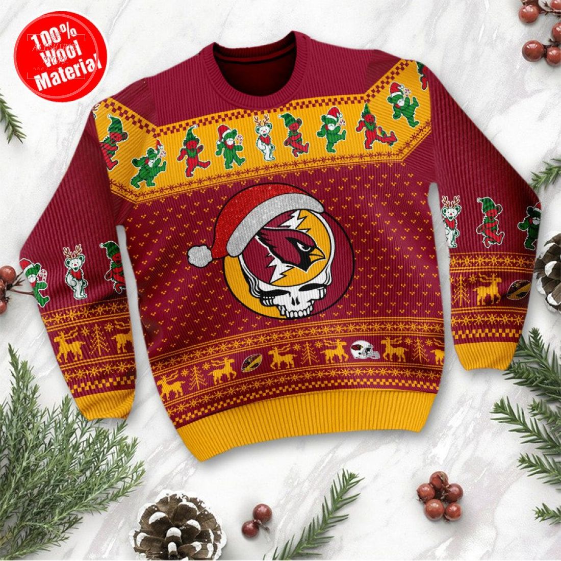 Arizona Cardinals Grateful Dead Skull and Bears Ugly Christmas Sweater